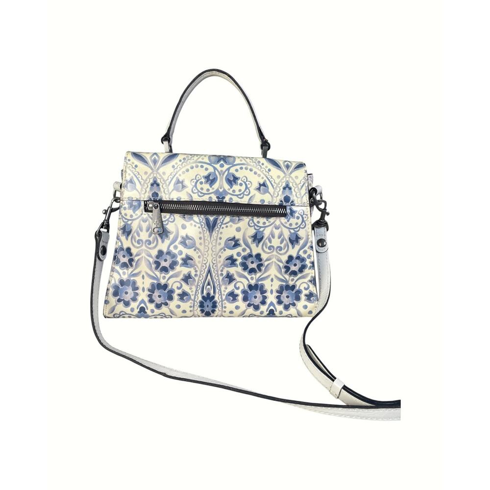 Patricia Nash Leather Satchel Purse Blue/Cream Floral Pattern W/ Turn Lock - Picture 2 of 6